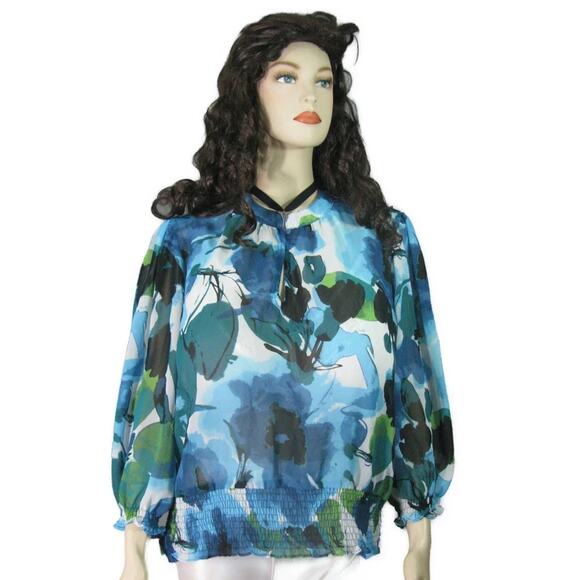 A.N.A. WOMEN'S 3/4 WATERCOLOR PRINT SPLIT KEY PEASANT SMOCKED BLOUSE SIZE XL-EUC - Picture 2 of 11